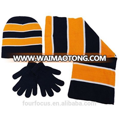 Striped colorful knitted gloves scarf and hat set